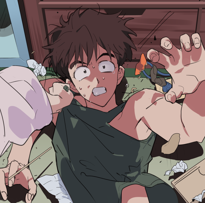 1boy, 1other, bare_shoulders, black_eyes, brown_hair, cabinet, cable, chips, chopsticks, clenched_teeth, fishissnack, food, green_shirt, holding, holding_shirt, indoors, looking_at_viewer, male_focus, mirror, original, parted_lips, plug, potato_chips, pov, scared, shirt, sweat, teeth