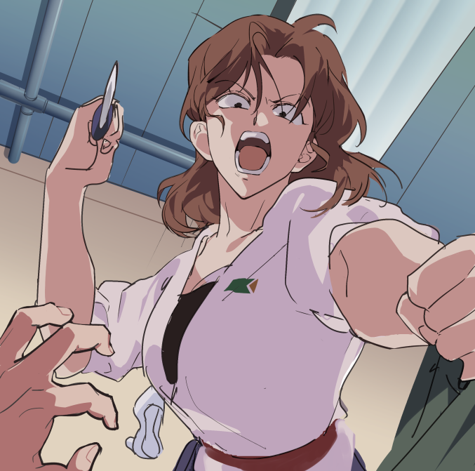 1girl, 1other, black_eyes, brown_hair, fishissnack, green_shirt, hair_between_eyes, high_heels, holding, holding_knife, holding_shirt, holding_weapon, indoors, knife, long_hair, looking_at_viewer, lower_teeth, open_mouth, original, pov, shirt, teeth, tongue, upper_teeth, weapon, white_footwear