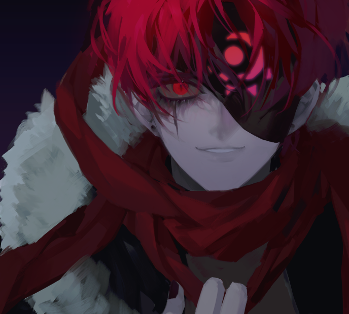 1boy, black_nails, earrings, eyepatch, face, fishissnack, fur_trim, jewelry
