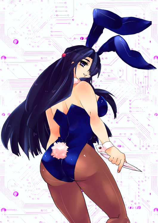asakura_ryouko, ass, blue_hair, bunny_ears, bunnysuit, knife, pantyhose, rabbit_ears