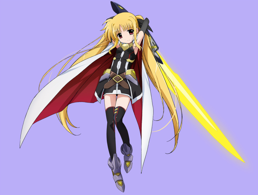 1girl, armpits, arms_up, bangs, bardiche, belt, black_dress, black_gloves, black_legwear, black_ribbon, blonde_hair, blue_background, brown_belt, cape, closed_mouth, commentary_request, dress, energy_sword, eyebrows_visible_through_hair, fate_testarossa, full_body, gloves, greaves, grey_footwear, hair_ribbon, head_tilt, holding, holding_sword, holding_weapon, kirara-sakura, long_hair, looking_at_viewer, lyrical_nanoha, magical_girl, mahou_shoujo_lyrical_nanoha, mahou_shoujo_lyrical_nanoha_detonation, object_behind_back, overskirt, red_eyes, ribbon, short_dress, simple_background, sleeveless, sleeveless_dress, smile, solo, standing, sword, thigh-highs, twintails, weapon, white_cape