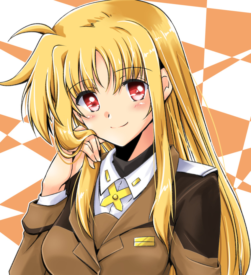 1girl, bangs, black_shirt, blonde_hair, brown_jacket, closed_mouth, eyebrows_visible_through_hair, fate_testarossa