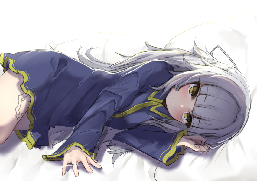 1girl, alternate_costume, azur_lane, bangs, blunt_bangs, blush, breasts, buttons, closed_mouth, commentary_request, grey_hair, highres, isobeageage, jewelry, long_hair, long_sleeves, looking_at_viewer, lying, mole, mole_under_eye, on_bed, on_side, outstretched_arm, pajamas, ring, sidelocks, small_breasts, smile, solo, tattoo, wedding_band, yellow_eyes, z46_(azur_lane)