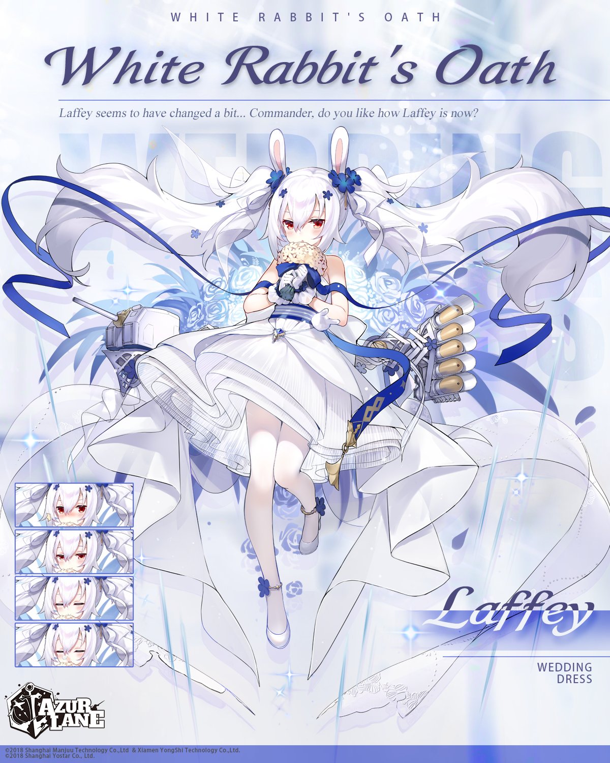 1girl, azur_lane, bare_shoulders, blue_flower, blue_ribbon, bouquet, bunny_hair_ornament, commentary_request