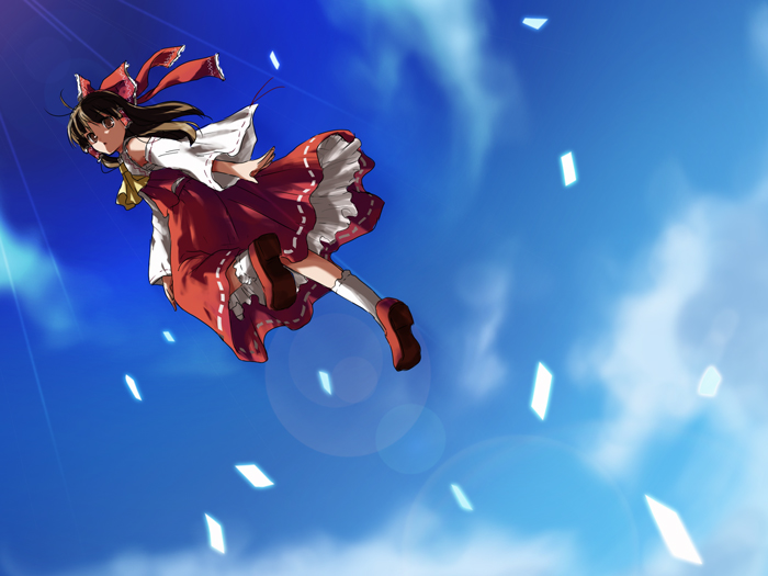 1girl, :o, bow, brown_hair, flying, from_below, hair_bow, hakurei_reimu