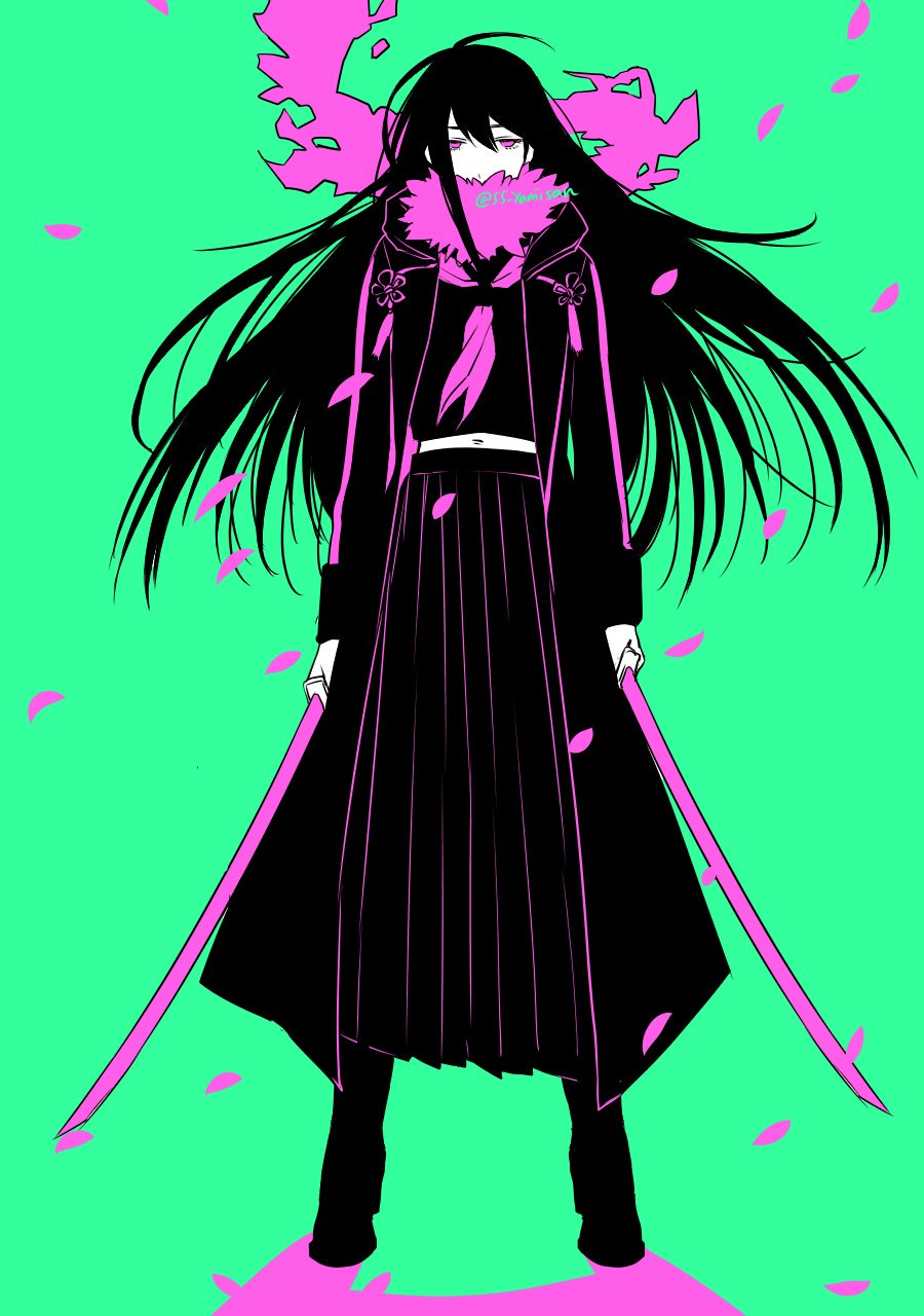1girl, 55_yamisan, black_hair, black_jacket, cherry_blossoms, covered_mouth, dual_wielding, fate/grand_order, fate_(series), green_background, hagiwara56, highres, holding, holding_sword, holding_weapon, jacket, katana, limited_palette, long_hair, long_skirt, long_sleeves, looking_at_viewer, midriff, navel, oryou_(fate), pink_eyes, ribbon, sailor_collar, scarf, school_uniform, skirt, solo, standing, sword, very_long_hair, weapon