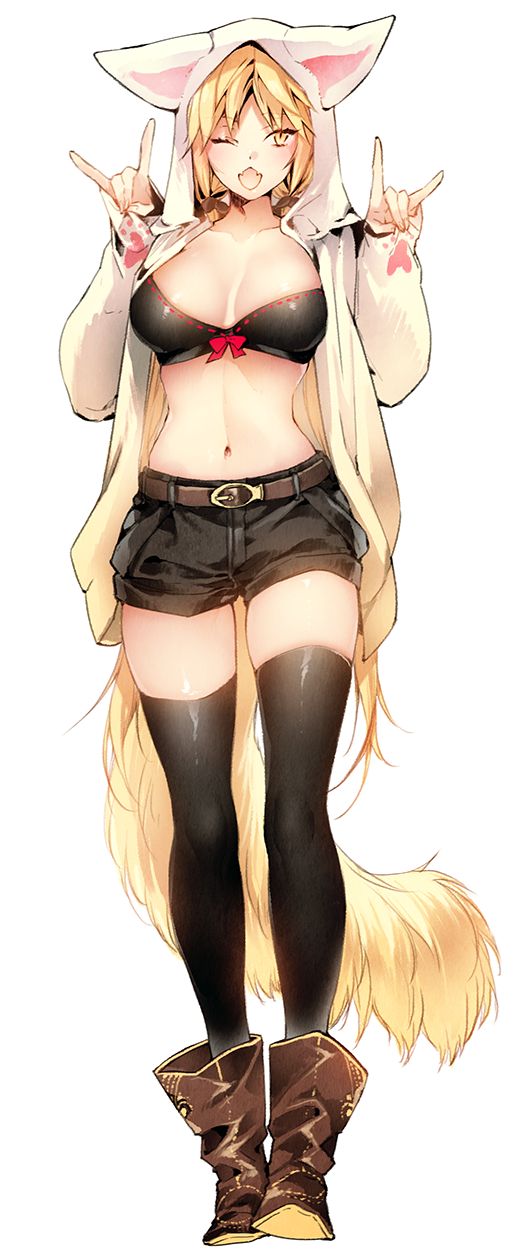 1girl, :3, :d, bangs, belt, black_bikini_top, black_legwear, black_shorts, blonde_hair, boots, bow, breasts, brown_footwear, fangs, fox_hood, fox_shadow_puppet, fox_tail, full_body, genderswap, genderswap_(mtf), hair_ribbon, highres, izumi_kouhei, large_breasts, long_hair, long_sleeves, looking_at_viewer, low_twintails, midriff, navel, one_eye_closed, open_clothes, open_mouth, paw_print, pepper_fever, red_bow, ribbon, ribbon_trim, shorts, simple_background, skindentation, sleeves_past_wrists, smile, solo, standing, tail, thigh-highs, twintails, very_long_hair, white_background, world_trigger, yellow_eyes