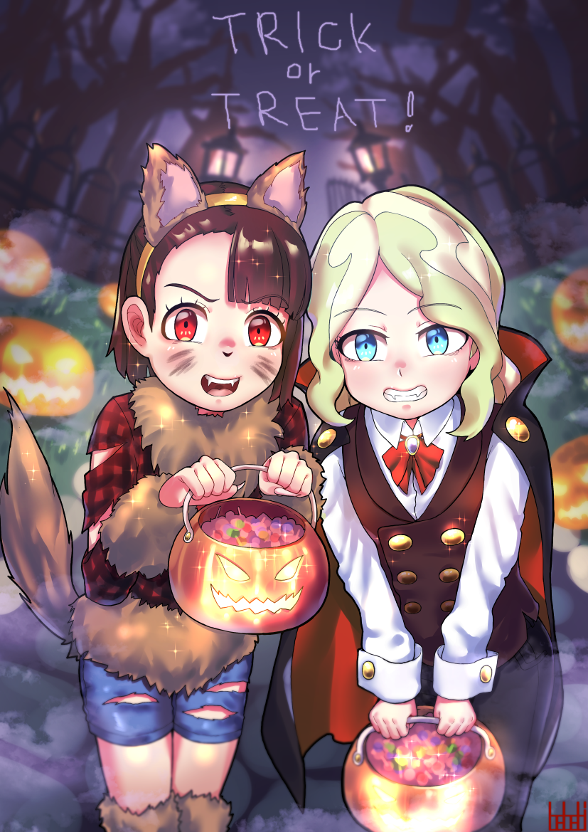 2girls, animal_costume, animal_ears, blonde_hair, blue_eyes, blush, brown_hair, candy