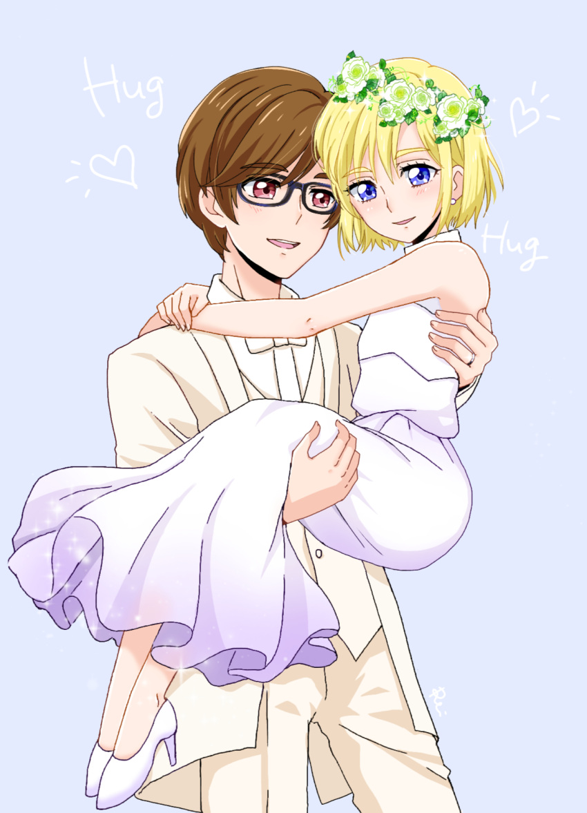 2boys, aisaki_masato, bishounen, blonde_hair, bride, brown_hair, carrying, couple