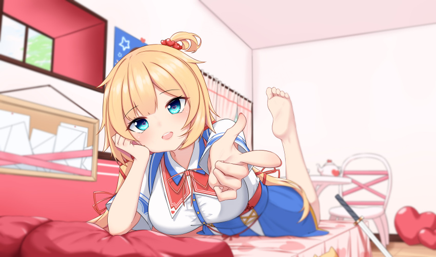 1girl, absurdres, akai_haato, anhun, arm_support, bangs, bare_legs, barefoot