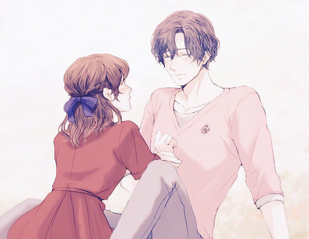1boy, 1girl, bangs, blue_bow, blush, bow, brown_hair, closed_eyes