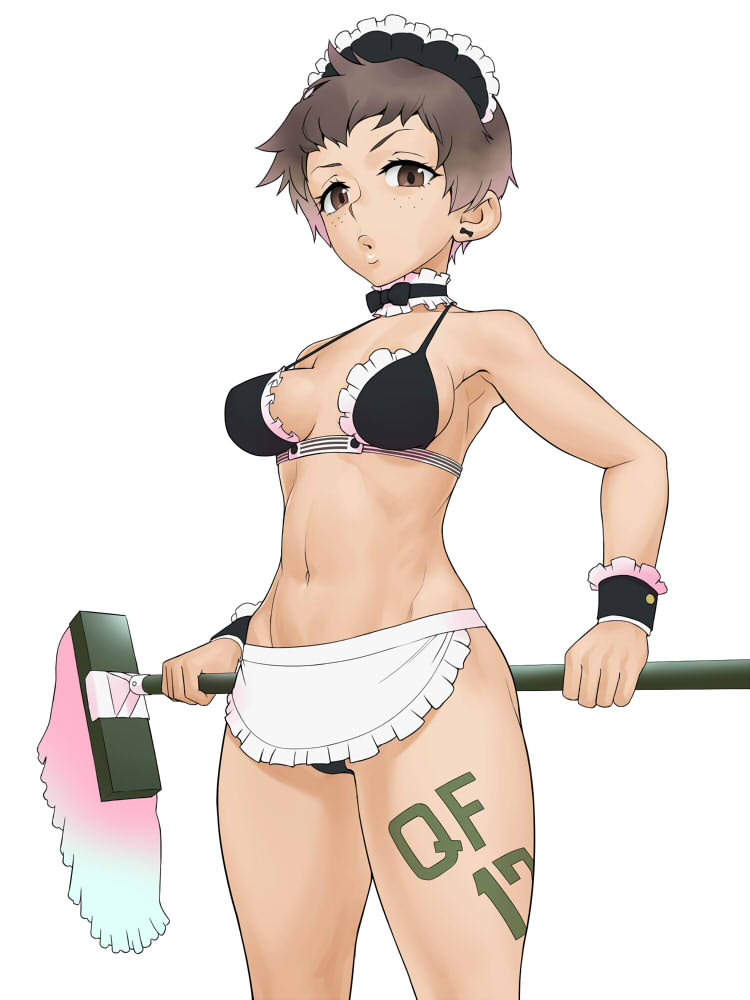 1girl, abs, alternate_costume, apron, bangs, black_choker, black_hairband, bow_choker