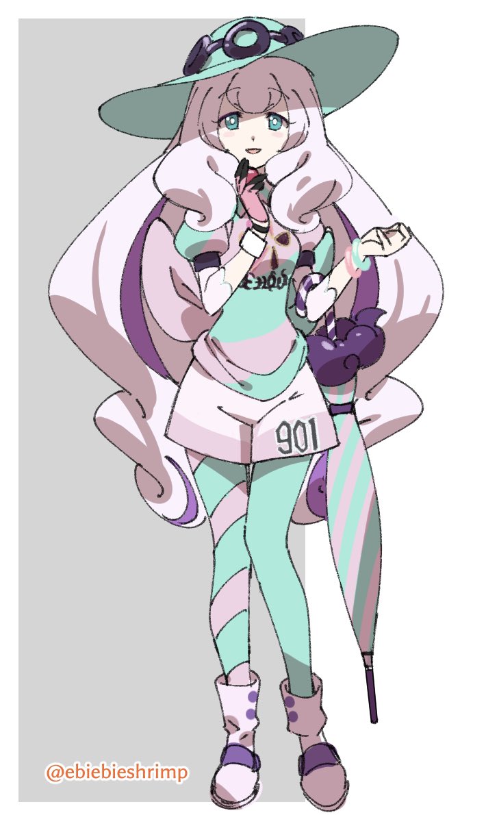 1girl, aqua_eyes, aqua_headwear, aqua_legwear, asymmetrical_legwear, big_hair, blush_stickers, boots