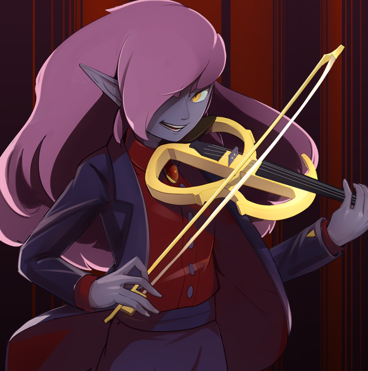 1boy, black_jacket, cadence_of_hyrule, cowboy_shot, formal, gem, hair_over_one_eye, instrument, jacket, long_hair, looking_at_viewer, lore, male_focus, music, octavo, open_mouth, playing_instrument, pointy_ears, purple_hair, purple_skin, red_shirt, shirt, smile, violin, yellow_eyes