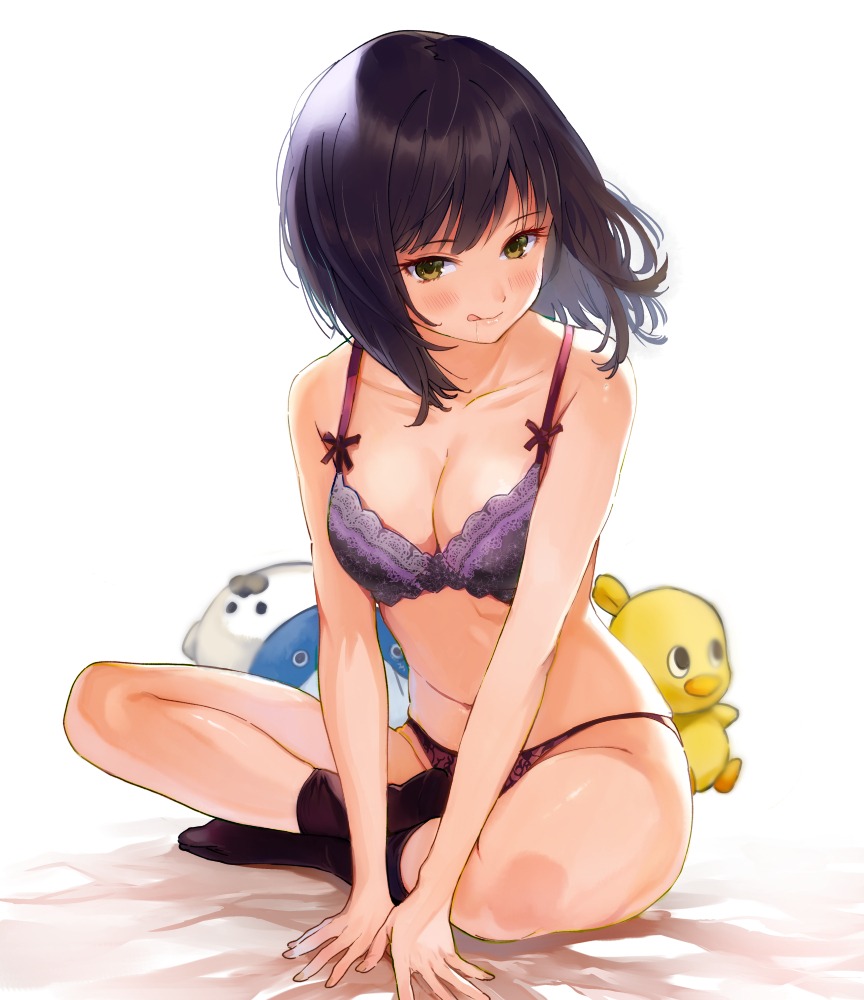 1girl, :q, aki_(mare_desiderii), bangs, bare_arms, bare_shoulders, black_legwear, blush