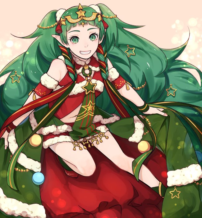 1girl, braid, christmas_ornaments, fire_emblem, fire_emblem:_three_houses, fire_emblem_heroes, fur_trim, green_eyes, green_hair, grin, hair_ornament, long_hair, pointy_ears, same2725, smile, solo, sothis_(fire_emblem), tiara, twin_braids