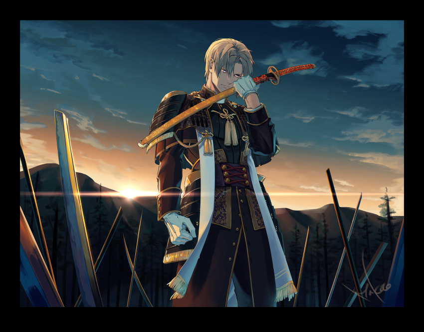1boy, artist_name, bangs, black_border, blade, blue_eyes, border, brown_hair, closed_mouth, clouds, collar, forest, full_body, heshikiri_hasebe, highres, holding, holding_sword, holding_weapon, japanese_clothes, katana, light_rays, long_sleeves, looking_down, makoto_kohuku, male_focus, mountain, nature, outdoors, short_hair, solo, standing, sunbeam, sunlight, sunset, sword, tassel, touken_ranbu, tree, weapon