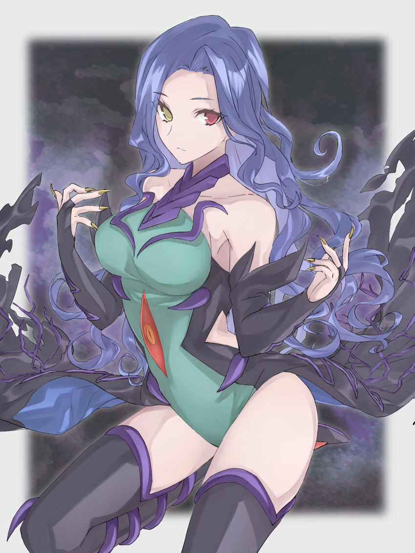 1girl, bangs, bare_shoulders, black_footwear, boots, breasts, bridal_gauntlets, collarbone, commentary_request, duel_monster, eyebrows_visible_through_hair, fingernails, green_leotard, heterochromia, highres, large_breasts, leotard, light_frown, long_fingernails, long_hair, looking_at_viewer, medusa_watcher_of_the_evil_eye, parted_bangs, purple_background, red_eyes, side_cutout, solo, standing, standing_on_one_leg, thigh-highs, thigh_boots, third_eye, tsumayouji_(dekosoko), two-tone_background, violet_eyes, w_arms, waist_cape, white_background, yellow_eyes, yellow_nails, yuu-gi-ou