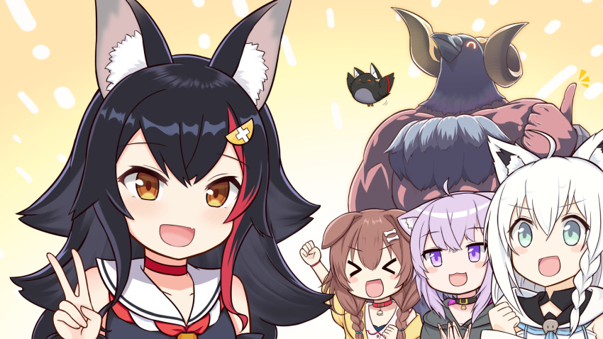>_<, 4girls, :3, :d, ^_^, ahoge, animal_ear_fluff, animal_ears