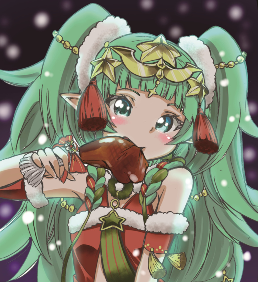 1girl, eating, fire_emblem, fire_emblem:_three_houses, fire_emblem_heroes, food, green_eyes, green_hair, hahe, hair_ornament, highres, long_hair, meat, santa_costume, snow, sothis_(fire_emblem), star, star_hair_ornament, very_long_hair