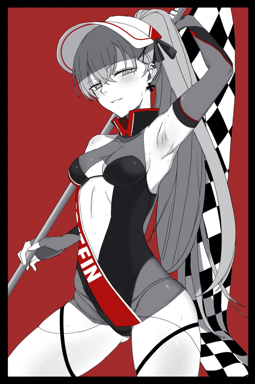 1girl, alternate_costume, arm_behind_head, armpits, bangs, blush, border, breasts