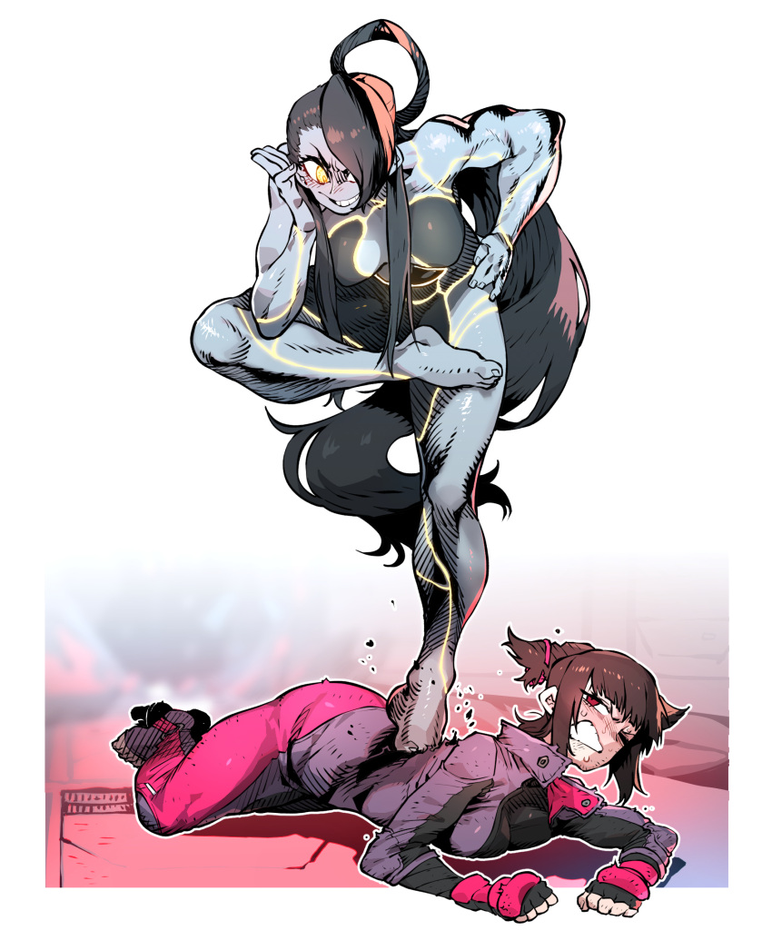 2girls, barefoot, biker_clothes, bikesuit, black_hair, breasts, clenched_teeth, defeat
