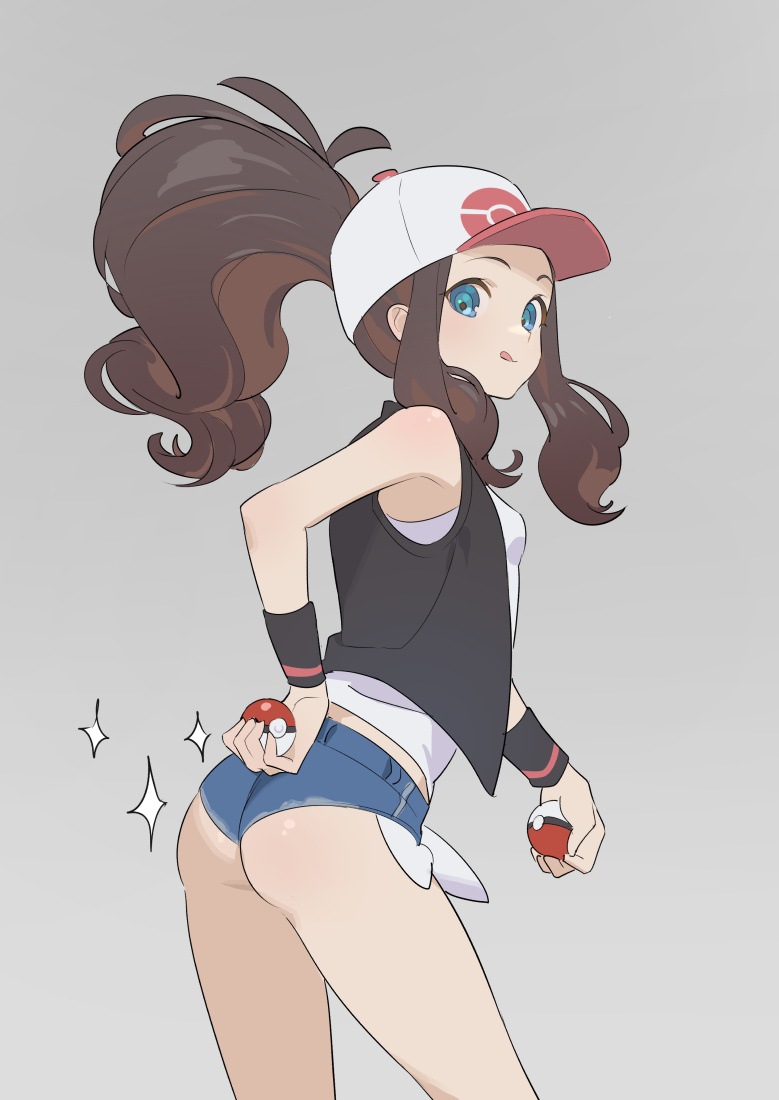 1girl, ass, bangs, baseball_cap, black_vest, blue_eyes, breasts, brown_hair
