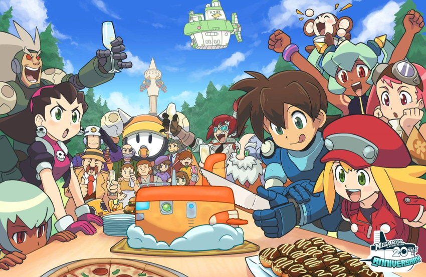 aero, barrett_(rockman_dash), blonde_hair, blue_sky, blush, bon_bonne, brown_hair, cake, capcom, champagne_flute, clouds, cup, dark_skin, data_(rockman_dash), drinking_glass, everyone, food, green_eyes, green_hair, grey_hair, monkey, open_mouth, outdoors, pink_hair, pizza, red_eyes, rinji_(bonus-level), rock_volnutt, rockman, rockman_dash, roll_caskett, sera_(rockman_dash), sky, smile, teisel_bonne, tron_bonne, yuna_(rockman_dash)