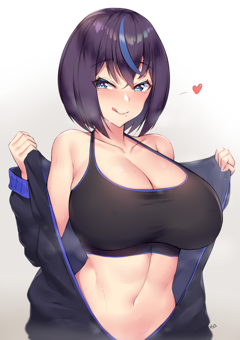 1girl, :q, artist_name, bangs, bare_shoulders, blue_eyes, blue_hair, blush, closed_mouth, collarbone, commentary_request, eyebrows_visible_through_hair, gradient, gradient_background, grey_background, heart, heart-shaped_pupils, kuavera, long_sleeves, looking_at_viewer, mixed-language_commentary, mole, mole_under_mouth, multicolored_hair, naughty_face, navel, nose_blush, off_shoulder, open_clothes, original, purple_hair, short_hair, signature, smile, solo, sports_bra, steaming_body, stomach, streaked_hair, symbol-shaped_pupils, tongue, tongue_out, undressing, upper_body