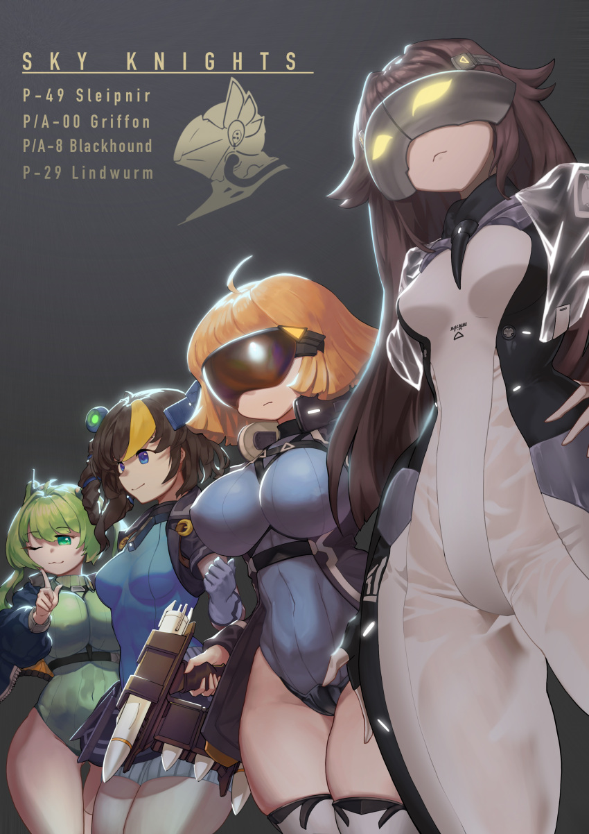 4girls, :3, ;3, absurdres, black_hair, blonde_hair, blue_hair, bodysuit