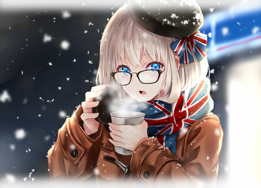 1girl, black-framed_eyewear, black_headwear, blue_eyes, blue_ribbon, blue_scarf, blurry, blurry_background