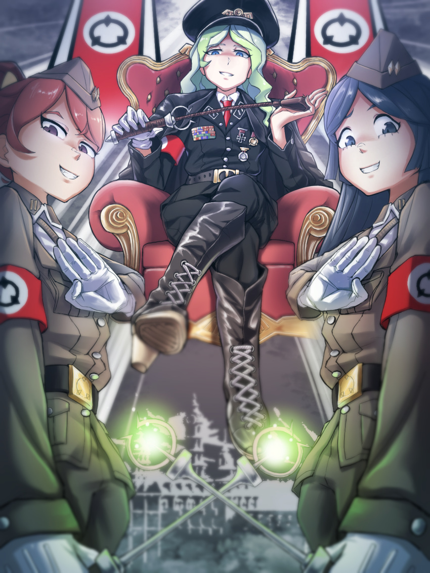 3girls, barbara_parker, black_footwear, blonde_hair, blue_eyes, blue_hair, blush, boots