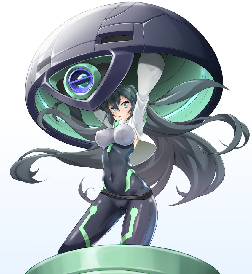 1girl, absurdres, black_hair, bodysuit, breasts, covered_navel, cropped_jacket, green_eyes