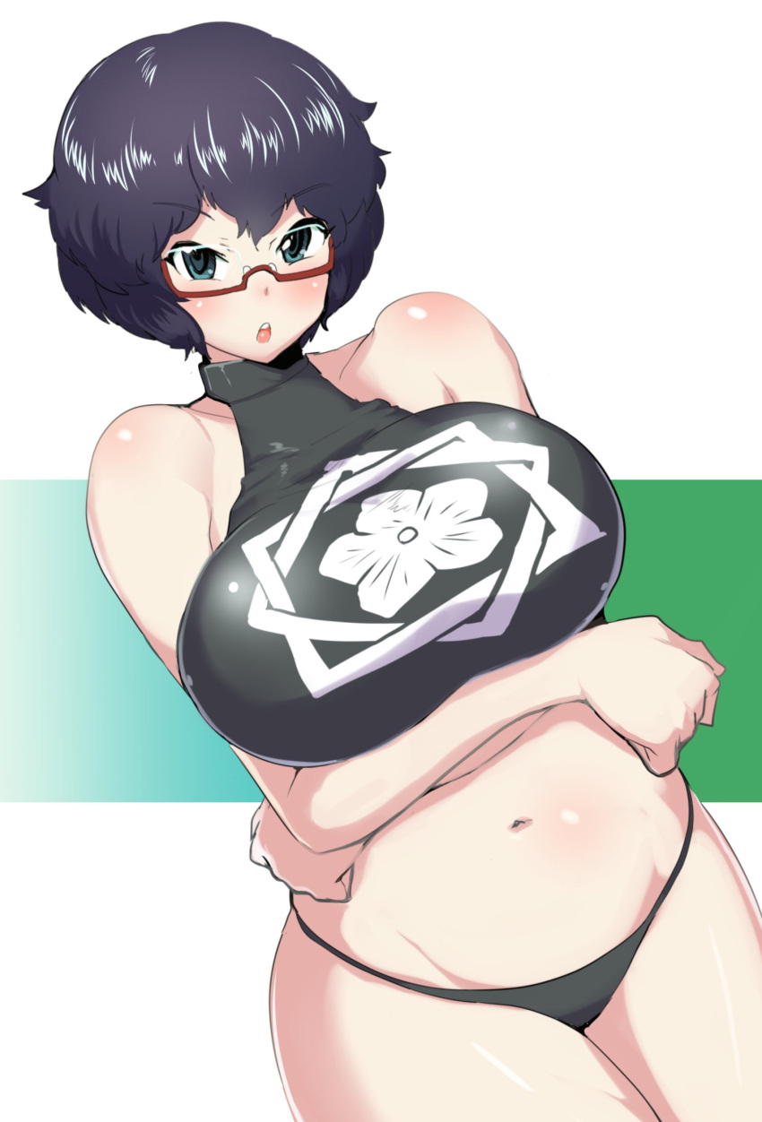1girl, bangs, black_eyes, black_hair, black_panties, black_shirt, blush, breast_hold, breasts, commentary, crop_top, crossed_arms, dutch_angle, emblem, eyebrows_visible_through_hair, girls_und_panzer, glasses, halter_top, halterneck, highres, huge_breasts, messy_hair, midriff, navel, no_pants, open_mouth, oryou_(girls_und_panzer), panties, print_shirt, red-framed_eyewear, sasaki_tatsuya, semi-rimless_eyewear, shirt, short_hair, skindentation, solo, under-rim_eyewear, underwear