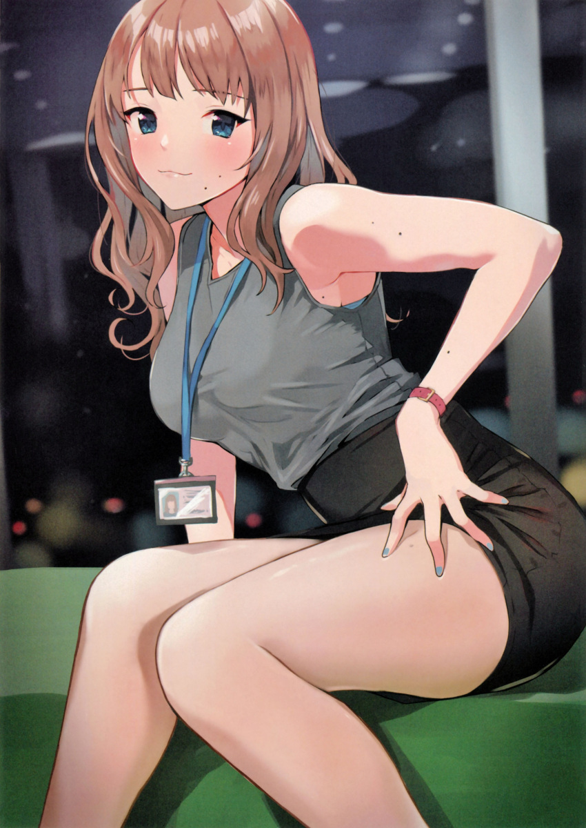1girl, absurdres, arm_support, blue_eyes, blue_nails, blush, bra, bra_peek, breasts, brown_hair, closed_mouth, collarbone, doushimasho, eyebrows_visible_through_hair, highres, id_card, lanyard, long_hair, looking_at_viewer, medium_breasts, mole, mole_on_arm, mole_on_armpits, mole_on_thigh, mole_under_mouth, nail_polish, office_lady, original, pencil_skirt, scan, shirt, sitting, skirt, sleeveless, sleeveless_shirt, smile, solo, thighs, underwear, watch, watch