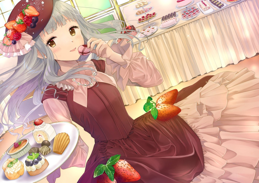 1girl, aqua_hair, arms_up, beret, blueberry, blush, buffet, cake