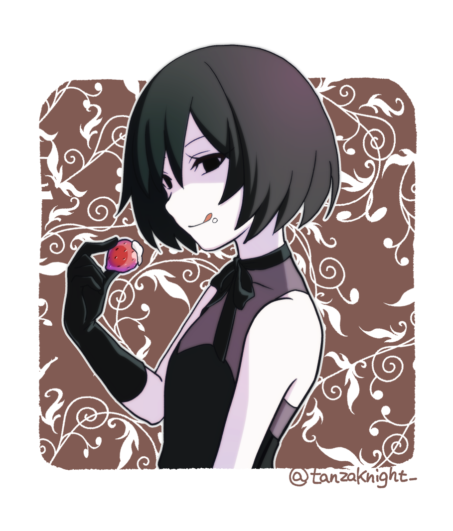 1girl, bangs, bare_shoulders, black_dress, black_eyes, black_gloves, black_hair, bob_cut