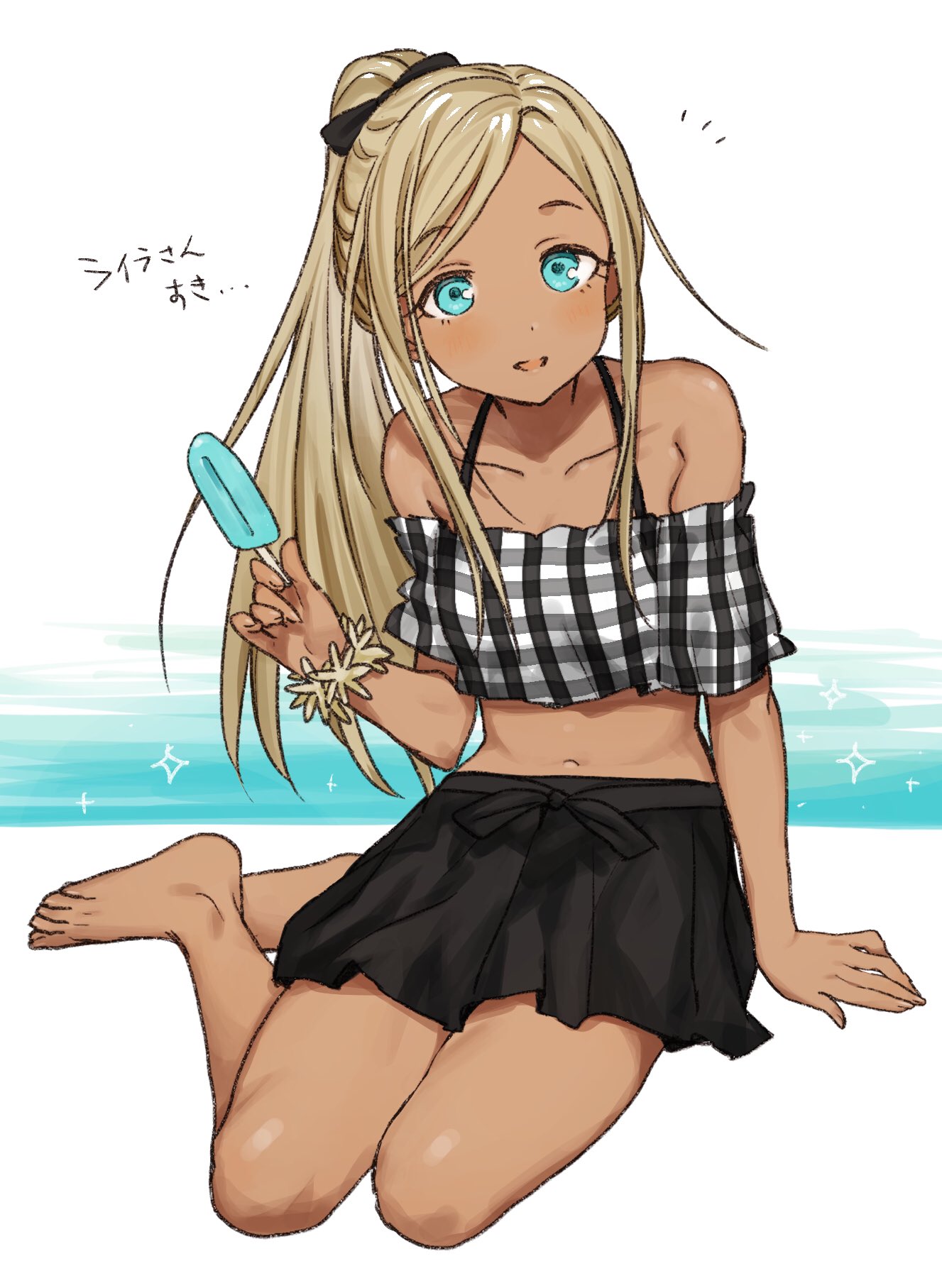 1girl, aqua_eyes, bangs, bare_shoulders, barefoot, black_skirt, blonde_hair, collarbone, crop_top, dark_skin, food, full_body, hair_ribbon, highres, holding, holding_food, idolmaster, idolmaster_cinderella_girls, layla_(idolmaster), midriff, mo_(mokatampe), navel, open_mouth, parted_bangs, plaid_blouse, ponytail, popsicle, ribbon, sidelocks, simple_background, sitting, skirt, smile, wariza, wristband