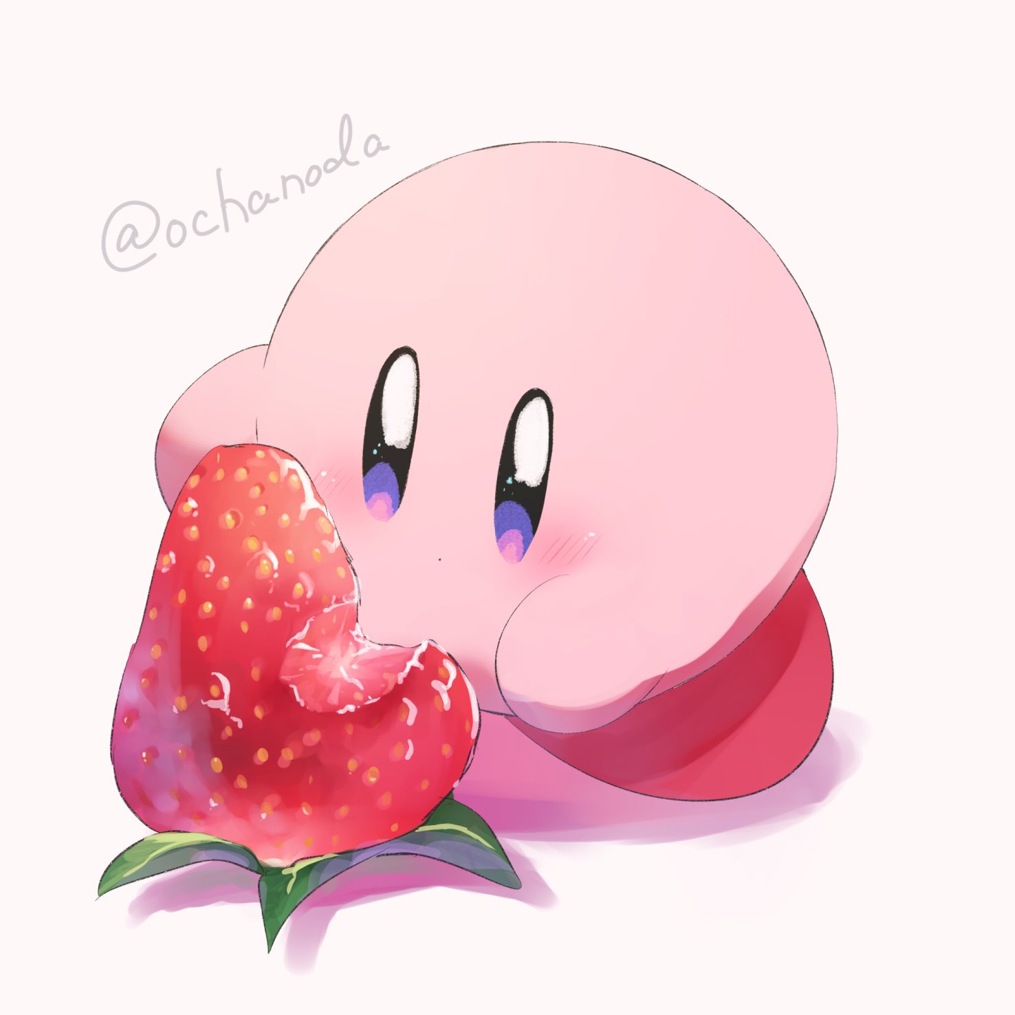 bite_mark, blush, dot_mouth, food, fruit, highres, holding, kirby