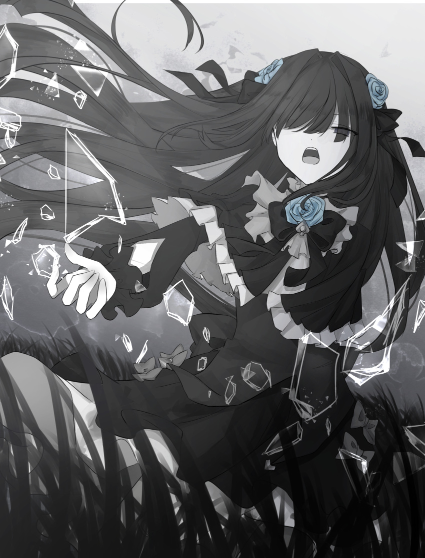 1girl, :o, absurdres, arcaea, black_bow, black_dress, black_hair, blue_flower, bow, dress, dress_bow, facing_viewer, flower, glass_shards, grass, grey_background, grey_bow, hair_bow, hair_over_eyes, highres, lesyef103, long_hair, long_sleeves, pale_skin, spot_color, tairitsu_(arcaea)