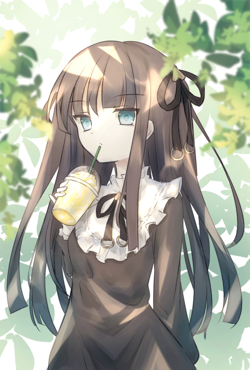 1girl, arcaea, arm_at_side, bangs, black_dress, black_hair, black_ribbon, blue_eyes