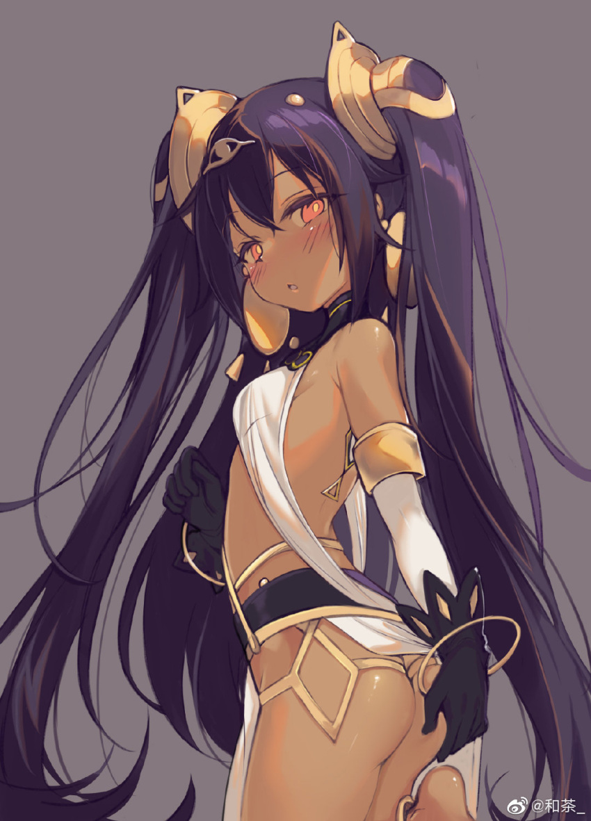 1girl, anklet, ass, bangle, barefoot, black_gloves, blush, bracelet, breasts, bright_pupils, cowboy_shot, dark_skin, detached_sleeves, earrings, from_behind, gloves, headgear, hecha_(swy1996228), highres, jewelry, long_hair, looking_back, neftim, orange_eyes, parted_lips, purple_hair, revealing_clothes, simple_background, small_breasts, solo, standing, standing_on_one_leg, twintails, two_side_up, very_long_hair, weibo_username, world_flipper