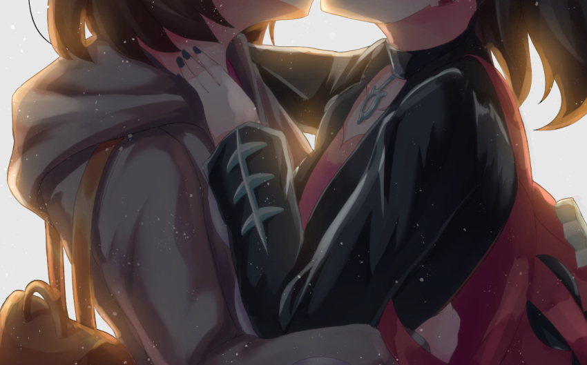 2girls, backlighting, backpack, bag, black_choker, black_hair, black_jacket, black_nails, brown_hair, choker, commentary_request, earrings, from_side, grey_coat, head_out_of_frame, hood, hood_down, hooded_coat, hug, implied_kiss, jacket, jewelry, long_sleeves, mary_(pokemon), multiple_girls, nail_polish, nenosame, open_clothes, open_jacket, pokemon, pokemon_(game), pokemon_swsh, short_hair, simple_background, upper_body, white_background, yuri, yuuri_(pokemon)
