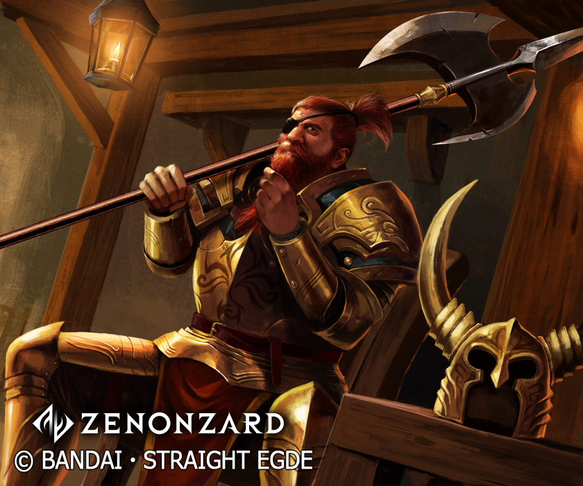 1boy, armor, axe, beard, chair, company_name, copyright_name, eyepatch