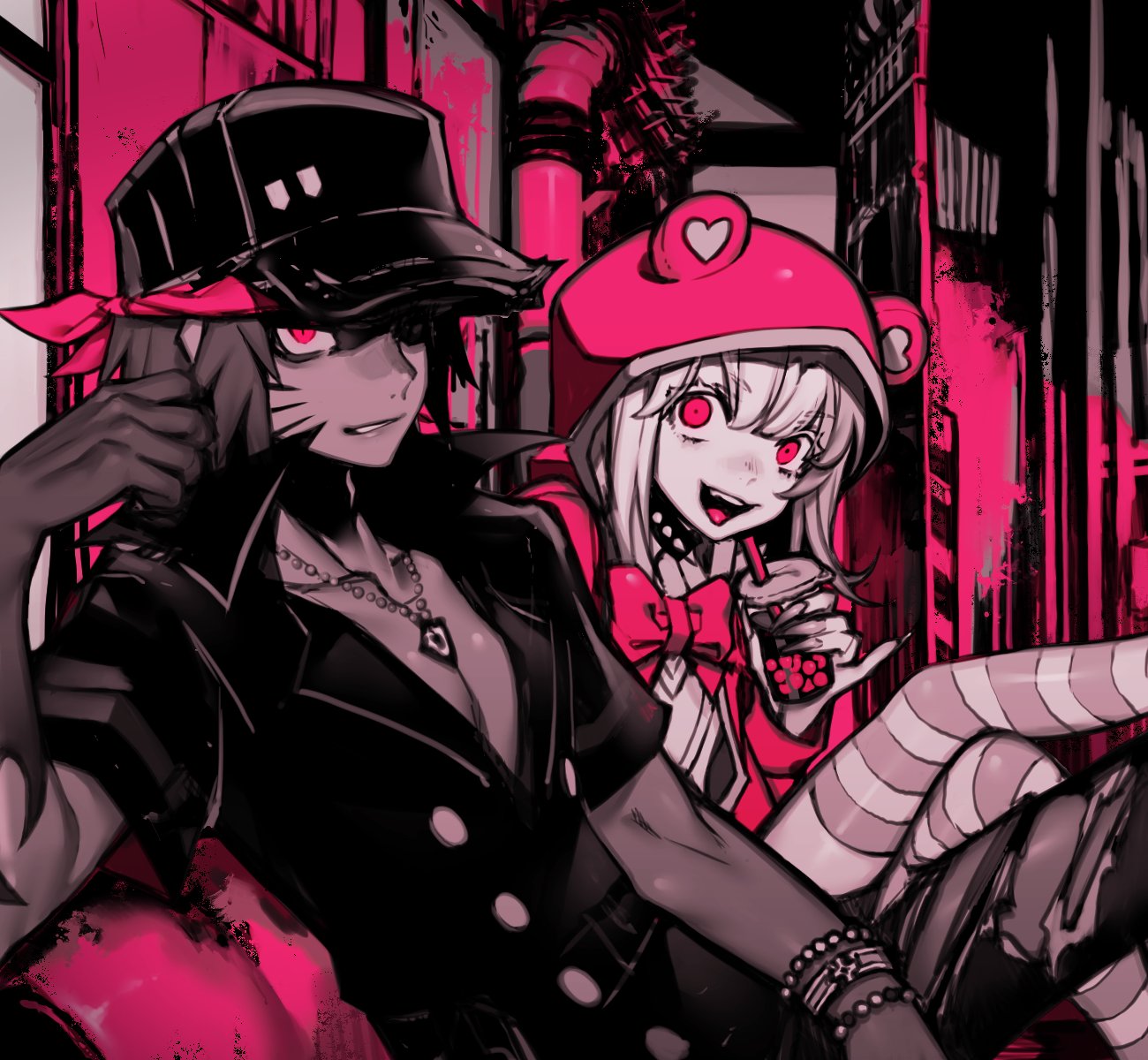 1boy, 1girl, animal_hood, bandana, black_hair, black_headwear, blonde_hair, bow