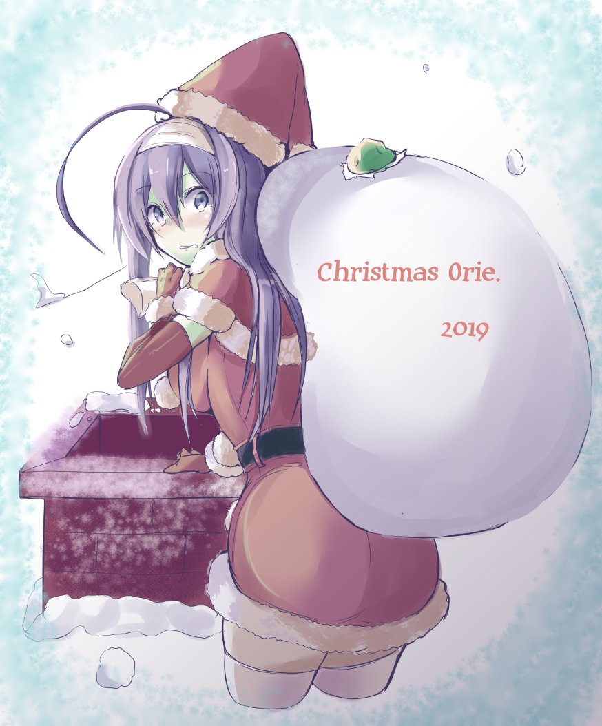 1girl, 2019, ahoge, ass, bag, belt, blue_eyes, blue_hair, blush, breasts, caught, character_name, chimney, copyright_name, dress, hairband, hat, huge_ahoge, long_hair, looking_at_viewer, medium_breasts, orie_(under_night_in-birth), santa_costume, santa_hat, snow, solo, thigh-highs, tsukiri_project, under_night_in-birth, very_long_hair, white_hairband, white_legwear, zettai_ryouiki