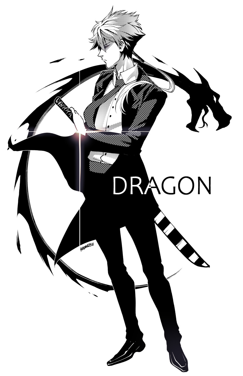 1boy, absurdres, blonde_hair, dragon, fifteen_(katana_zero), formal, greyscale, hamatsu