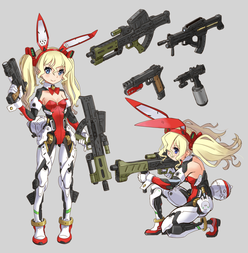 1girl, animal_ears, assault_rifle, blonde_hair, blue_eyes, breasts, bunny_girl, bunny_tail