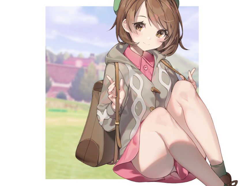 1girl, backpack, bag, bangs, bare_legs, beret, blurry, blurry_background