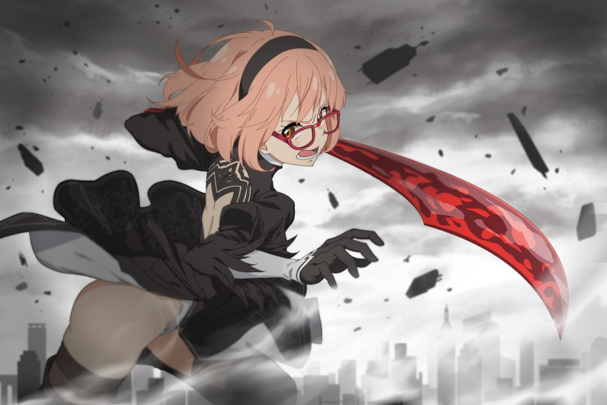 1girl, angry, back_cutout, black_dress, black_gloves, black_hairband, black_legwear, blush